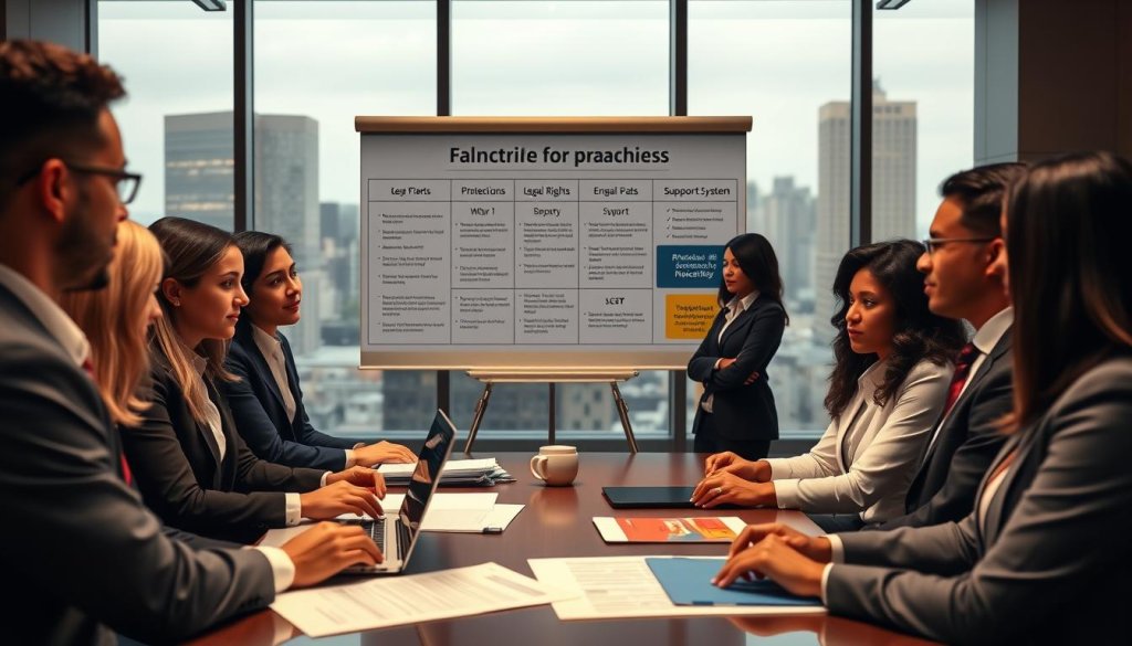 A professional setting showcasing the protections for franchisees under the California Franchise Relations Act. In the foreground, a group of diverse business professionals dressed in business attire engage in a strategic discussion around a conference table filled with documents and a laptop displaying franchise agreements. The middle ground features a large presentation board with visuals highlighting key protections, such as legal rights and support systems. The background includes a well-lit office space with large windows showing a cityscape, symbolizing opportunity and growth. The mood is serious yet optimistic, with warm lighting creating an inviting atmosphere for collaboration and careful planning.