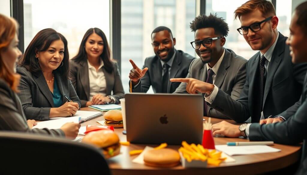 A round table meeting featuring a diverse group of professional individuals in business attire, representing a "fast food council." In the foreground, a middle-aged woman of Hispanic descent is taking notes on a notepad, while a young Black man in glasses gestures thoughtfully, pointing towards a laptop open on the table. In the middle ground, various fast food-themed items are scattered, like burgers and fries, symbolizing industry discussion. The background showcases a blurred cityscape through a window, with bright daylight illuminating the scene, creating a sense of action and urgency. The atmosphere is serious yet collaborative, with a warm tone that emphasizes teamwork in navigating legal challenges concerning wage increases. The composition is dynamic, captured with a slight tilt angle to add visual interest and engage the viewer. A round table meeting featuring a diverse group of professional individuals in business attire, representing a "fast food council." In the foreground, a middle-aged woman of Hispanic descent is taking notes on a notepad, while a young Black man in glasses gestures thoughtfully, pointing towards a laptop open on the table. In the middle ground, various fast food-themed items are scattered, like burgers and fries, symbolizing industry discussion. The background showcases a blurred cityscape through a window, with bright daylight illuminating the scene, creating a sense of action and urgency. The atmosphere is serious yet collaborative, with a warm tone that emphasizes teamwork in navigating legal challenges concerning wage increases. The composition is dynamic, captured with a slight tilt angle to add visual interest and engage the viewer.