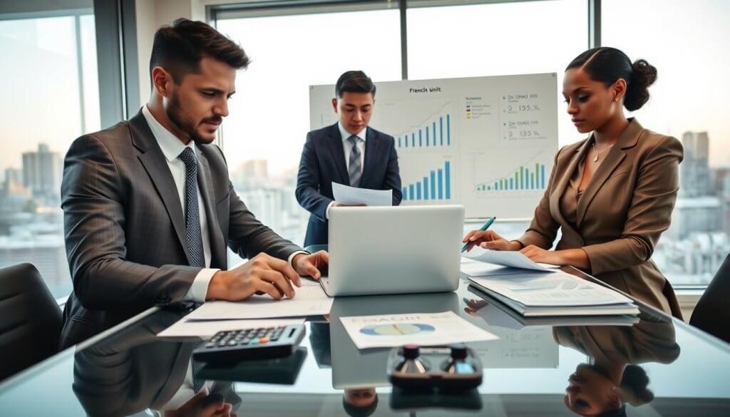 A sleek and modern office environment featuring a glass meeting table in the foreground, where a diverse group of three professionals—two men in tailored suits and a woman in a smart business dress—are intently analyzing financial documents and charts on a laptop. The table is scattered with financial reports and a calculator. In the middle ground, a large whiteboard displays financial graphs and statistics related to business performance. In the background, large windows let in soft, natural light, with a city skyline visible outside, creating an atmosphere of diligence and professionalism. The mood is focused and collaborative, highlighting the importance of evaluating financial health in a franchise unit. The camera angle captures the action from a slightly elevated viewpoint, providing a sense of engagement and action.