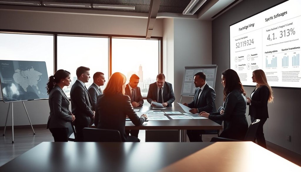 A sleek, modern office setting focusing on a professional business meeting. In the foreground, a diverse group of franchisees, dressed in smart business attire, engage in a discussion, examining documents and charts on a conference table. In the middle, a large window reveals a sunlit view of Florida’s skyline, enhancing the atmosphere of opportunity. Bright, natural lighting floods the space, casting soft shadows that accentuate the seriousness of the meeting. In the background, a whiteboard filled with strategic notes and a digital screen displaying franchise statistics creates an ambiance of analytical diligence. The overall mood is one of focus, professionalism, and anticipation, embodying the due diligence process essential for franchisee validation calls.