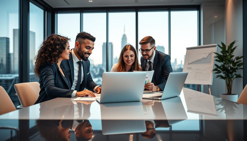 A sleek, modern office with a large glass window revealing a city skyline in the background. In the foreground, a diverse group of three professionals in business attire is gathered around an elegant conference table, analyzing financial projections displayed on a laptop and printed charts. The atmosphere is focused and collaborative, with soft, ambient lighting casting a positive glow over the scene. The camera angle captures the intensity of their discussion from a slight low-angle perspective, emphasizing their engaged expressions. Additional elements include a whiteboard with colorful financial graphs and a potted plant to add a touch of freshness to the environment. The overall mood conveys professionalism and the importance of strategic planning in investment decisions.