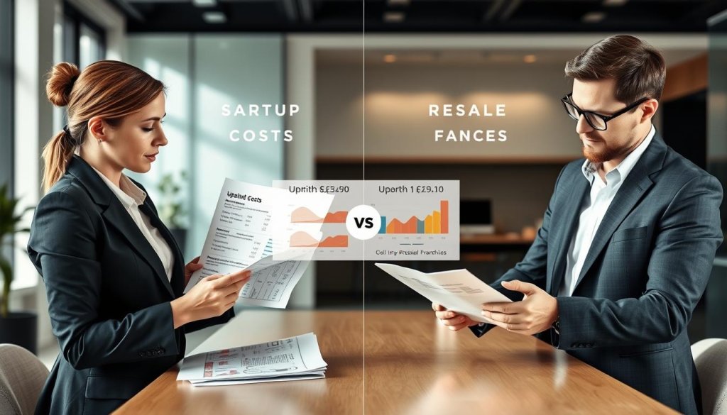 A split-screen image illustrating the comparison between upfront costs and capital requirements for new vs resale franchises. In the foreground, on the left, a professional woman in a business suit analyzes a document with numerical data and graphs, focusing on startup costs. On the right, a professional man in smart casual attire examines a contrasting document detailing resale franchise costs. The middle section displays monetary figures and charts creatively integrated, illustrating differences between new and resale franchises. The background features a modern office environment with soft, natural lighting, a sleek design, and a financial theme. The mood is analytical and professional, encouraging thoughtful comparison.
