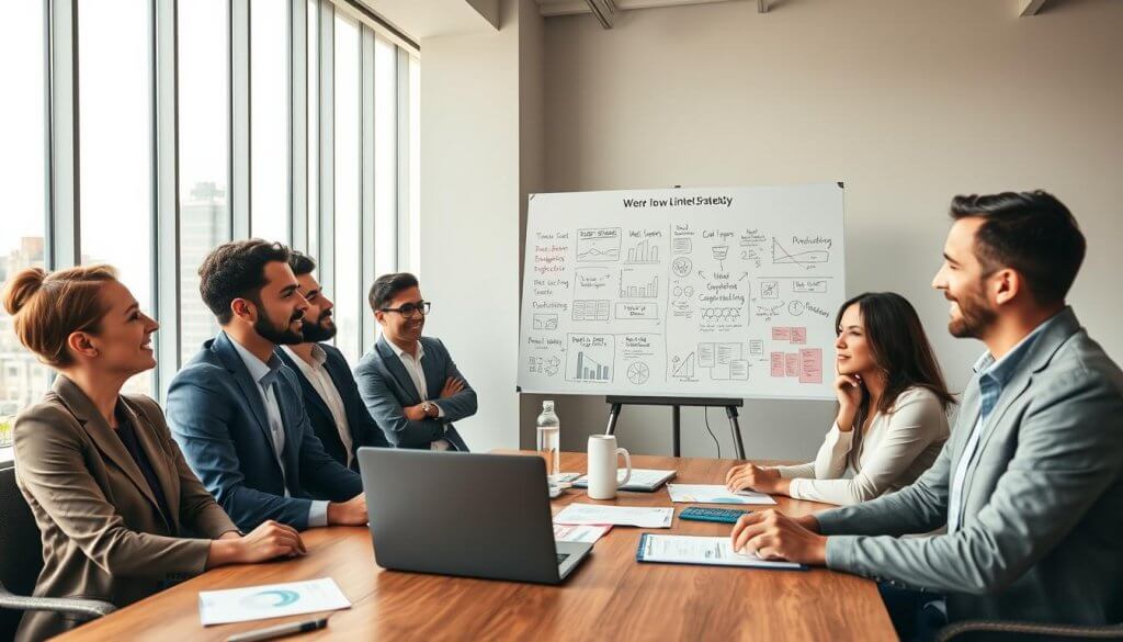 A thoughtful and inspiring scene depicting strategies for aspiring business owners with limited capital. In the foreground, a diverse group of individuals in professional business attire, engaged in a collaborative discussion around a wooden table covered with charts, graphs, and a laptop. In the middle ground, a whiteboard filled with brainstorming ideas and financial strategies, emphasizing a positive, proactive atmosphere. The background features a bright, modern office with large windows showing a cityscape, symbolizing opportunity. Warm, natural lighting fills the space, creating an inviting environment. The mood is optimistic and focused, encouraging innovation and teamwork among future entrepreneurs. A thoughtful and inspiring scene depicting strategies for aspiring business owners with limited capital. In the foreground, a diverse group of individuals in professional business attire, engaged in a collaborative discussion around a wooden table covered with charts, graphs, and a laptop. In the middle ground, a whiteboard filled with brainstorming ideas and financial strategies, emphasizing a positive, proactive atmosphere. The background features a bright, modern office with large windows showing a cityscape, symbolizing opportunity. Warm, natural lighting fills the space, creating an inviting environment. The mood is optimistic and focused, encouraging innovation and teamwork among future entrepreneurs.