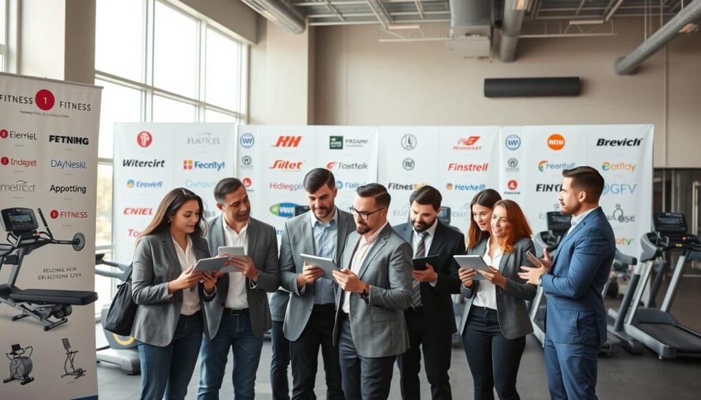 A vibrant and dynamic scene comparing top fitness franchise brands. In the foreground, a diverse group of professionals in smart casual attire, engaging in animated discussions while examining brand logos and fitness equipment on digital tablets. The middle ground features an array of well-known fitness franchise logos prominently displayed on banners, alongside illustrations of popular gym equipment like treadmills and weights. The background depicts a modern, well-lit gym environment with large windows allowing natural light to pour in, creating a bright and inviting atmosphere. Use a wide-angle lens to capture the entire scene, highlighting the energy and collaboration among the individuals. The mood is positive and inspiring, reflecting ambition and the pursuit of fitness success.