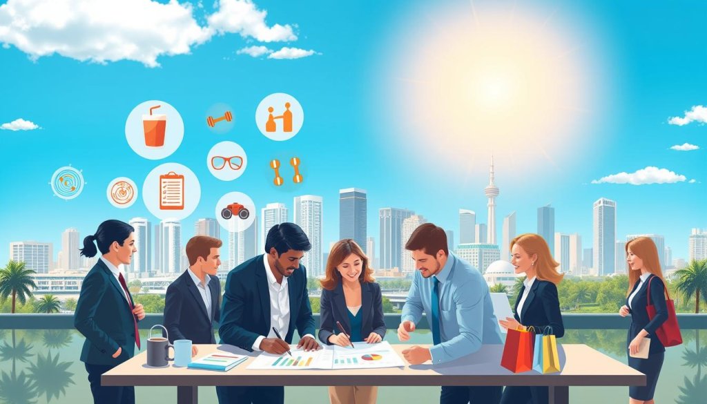 A vibrant and engaging illustration depicting various thriving franchise industries. In the foreground, a diverse group of individuals in professional business attire collaborates, discussing plans and strategies with charts and documents on a table. In the middle ground, iconic symbols representing key industries like food and beverage, fitness, and retail are artistically displayed, such as a coffee cup, dumbbells, and shopping bags. The background features a bustling city skyline of Florida, bathed in warm sunlight, emphasizing a sense of opportunity. The atmosphere is optimistic and energetic, with a bright, clear blue sky and light, showcasing the potential and excitement of franchise opportunities. The image focuses on a professional and inspiring business environment, free of any text or overlay nuisances.