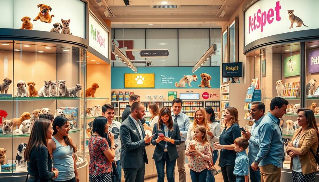 A vibrant and inviting pet franchise storefront bustling with activity, showcasing a variety of adorable pets including puppies, kittens, and small mammals displayed in bright, well-lit glass enclosures. In the foreground, a diverse group of happy, engaged customers, including both adults in professional business attire and families with children, are interacting with the pets and staff. The middle ground features friendly employees assisting customers, giving a sense of community and service. The background displays colorful signage and pet care products, set in a well-organized layout. The scene is illuminated with warm, natural light streaming in from large windows, creating a welcoming and optimistic atmosphere. The image captures the essence of smart investment opportunities in the pet franchise industry, illustrated through engaging visuals.