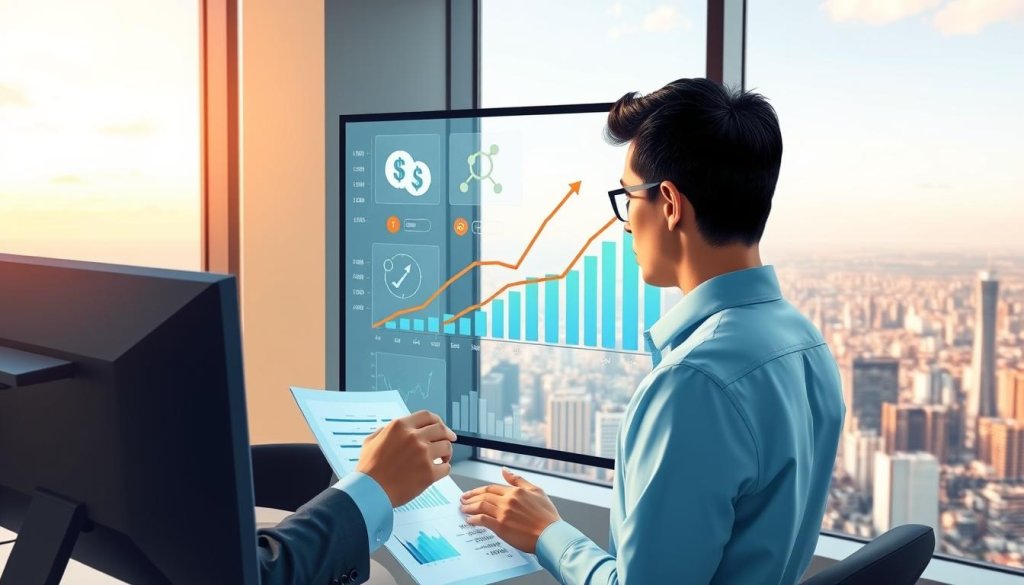 A vibrant, eye-catching illustration symbolizing scalability growth in the context of business. In the foreground, depict a professional dressed in business attire, analyzing graphs and charts that illustrate upward trends in a modern office environment. The middle layer features a large digital screen displaying various scalable franchise models, with icons representing growth potential, such as dollar signs, arrows, and interconnected dots. In the background, a panoramic view of a sprawling urban skyline signifies endless possibilities and expansion. Soft, natural lighting created by a large window adds warmth to the scene, while a slightly elevated camera angle highlights the sense of progress and ambition. The overall mood is one of optimism and proactive planning, reflecting the importance of assessing growth in business investments.