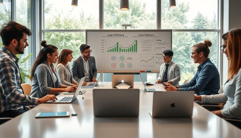 A vibrant, modern workspace interior showcasing low overhead operations. In the foreground, a diverse group of professionals, dressed in smart casual attire, collaborate around a sleek conference table with laptops and digital devices open. The middle of the image features a whiteboard filled with financial charts and diagrams illustrating cost-effective strategies. In the background, large windows allow natural light to flood the space, accompanied by greenery visible outside, symbolizing growth and sustainability. The setting exudes a warm, inviting atmosphere with warm lighting that enhances the productivity vibe. The camera angle is slightly elevated, capturing the energy of the team while maintaining focus on the collaborative spirit of low overhead operations in a mobile franchise context.