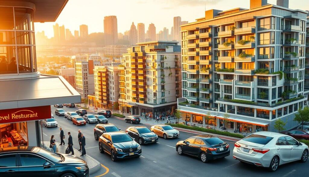 A vibrant multi-unit development showcasing modern architectural designs in a busy urban environment. In the foreground, display a well-organized drive-thru restaurant location with a sleek design, featuring patrons in professional business attire using the drive-thru service. The middle layer includes various multi-unit residential and commercial buildings, illustrating a blend of retail spaces and apartments with balconies and greenery, reflecting a community-focused atmosphere. The background features a bustling city skyline under soft, golden-hour lighting, creating a warm, inviting mood. Use a wide-angle lens perspective that captures the intricate details of the architecture while emphasizing the connectivity of the spaces. The overall ambiance conveys a sense of prosperity and strategic planning for improved ROI.