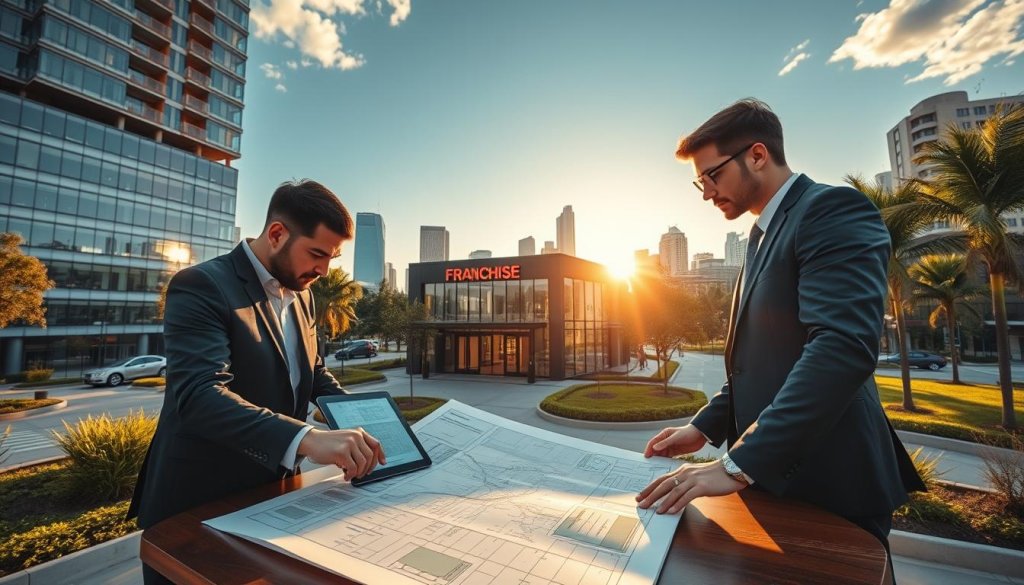 A vibrant urban landscape showcasing a bustling franchise development scene. In the foreground, a professional business team, dressed in tailored suits, examines site plans on a table; one person points to a digital map on a tablet. The middle ground features a newly constructed franchise building, with modern architecture, large windows, and a welcoming entrance, surrounded by landscaping. In the background, the city skyline reflects bright afternoon sunlight, enhancing the atmosphere of opportunity and growth. Golden hour lighting casts long shadows, creating a warm and inviting mood, while a wide-angle perspective captures the entire scene, emphasizing the potential of starting a new franchise location.