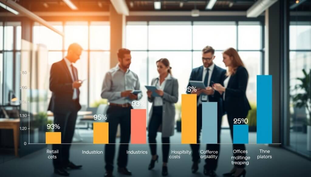 A visually striking infographic representation of occupancy cost percentage, set in a modern office environment. In the foreground, a carefully arranged bar graph displaying various occupancy cost percentages, each bar labeled with different industries like retail, hospitality, and offices. In the middle ground, a diverse group of business professionals dressed in smart attire, engaged in discussion while analyzing data on a tablet and a laptop. The background features soft-focus elements of a contemporary office space with large windows allowing natural light to pour in, creating a bright and optimistic atmosphere. The lighting is warm and inviting, emphasizing a collaborative spirit. The overall mood is focused and analytical, conveying the importance of understanding occupancy cost ratios in business decisions.