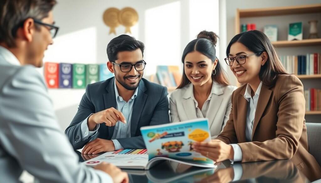 A warm, inviting scene of a diverse couple of parents in professional business attire, sitting across from a franchise business advisor in a bright office space filled with light. The parents are engaging in a conversation, pointing at a colorful brochure on the table that displays various education franchise opportunities. In the background, shelves are lined with educational books and franchise awards, emphasizing a supportive learning environment. The lighting is soft yet clear, casting gentle shadows that create a comfortable atmosphere. The focus is on the parents' thoughtful expressions as they weigh their options, conveying a sense of hope and ambition for their family's future. The angle is slightly elevated to capture the dynamics of the interaction.