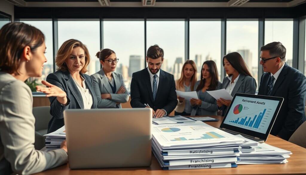 A well-lit office environment, featuring a diverse group of professionals in business attire discussing financial strategies around a table filled with charts and retirement asset visuals. In the foreground, a confident middle-aged woman gestures toward a pie chart demonstrating investment growth, while a thoughtful young man reviews documents. In the middle ground, a laptop displays graphs related to franchise financing, with stacks of folders labeled "Retirement Assets" and "Franchising." The background includes a large window with a city skyline, symbolizing opportunity and growth. The atmosphere is focused and optimistic, with soft natural lighting casting a warm glow over the scene, shot from an angle that captures the engagement of the group. A well-lit office environment, featuring a diverse group of professionals in business attire discussing financial strategies around a table filled with charts and retirement asset visuals. In the foreground, a confident middle-aged woman gestures toward a pie chart demonstrating investment growth, while a thoughtful young man reviews documents. In the middle ground, a laptop displays graphs related to franchise financing, with stacks of folders labeled "Retirement Assets" and "Franchising." The background includes a large window with a city skyline, symbolizing opportunity and growth. The atmosphere is focused and optimistic, with soft natural lighting casting a warm glow over the scene, shot from an angle that captures the engagement of the group.