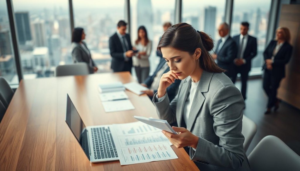 A well-lit office environment, featuring a wooden conference table with a laptop and financial documents laid out. In the foreground, a professional woman in a business suit, intently examining reports, with a thoughtful expression on her face. In the middle ground, a diverse group of business professionals, also dressed in formal attire, engaged in discussion, emphasizing collaboration and focus. The background shows a large window with natural light pouring in, revealing a city skyline to symbolize opportunity and growth. The atmosphere conveys seriousness and diligence, with an emphasis on the importance of thorough research and analysis in making informed decisions. Use soft, diffused lighting to enhance the professionalism of the scene, shot from a slightly elevated angle to capture all elements effectively.