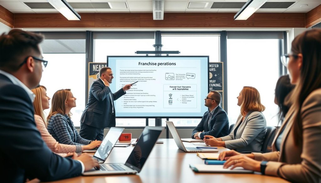 A well-structured training session for franchise owners in a modern conference room. In the foreground, a diverse group of professionals in smart business attire is engaged in a lively discussion, with laptops and notebooks open in front of them. In the middle, a knowledgeable trainer stands by a large screen displaying a detailed training presentation on franchise operations, using a digital pointer to highlight key points. The background features large windows with natural light flooding in, illuminating a bright and inviting environment, with motivational posters subtly decorating the walls. The mood is collaborative and focused, emphasizing the importance of training and ongoing support in a franchise. The image should capture a sense of professionalism and engagement, framed from a slightly elevated angle to encompass both the trainer and the attentive participants.
