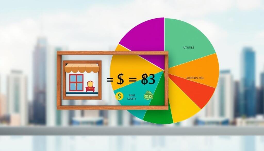 An illustrative diagram featuring the concept of "occupancy cost percentage" in a professional and engaging manner. In the foreground, a large pie chart, vividly colored, showcasing different segments that represent various cost components like rent, utilities, and additional fees. In the middle ground, a framed infographic displaying a simplified formula for calculating occupancy cost ratio, surrounded by icons of a storefront and money to signify retail investment. The background will include a blurred city skyline to create an urban environment, symbolizing the retail market. The lighting should be bright and clear, with a focus on the chart, creating a hopeful and educational atmosphere. The image should convey professional insights, without any text, watermarks, or distractions.