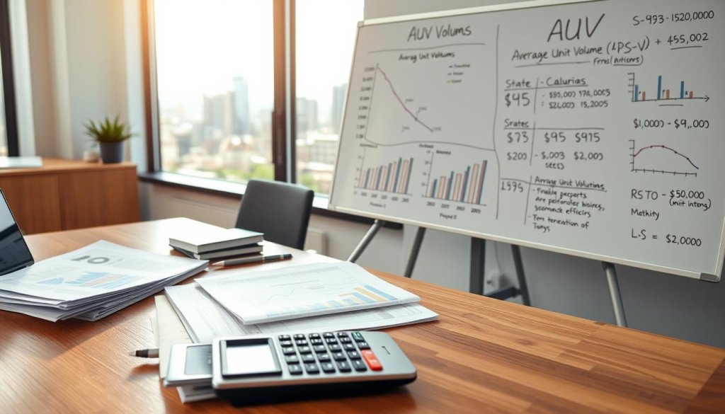 An office workspace that conveys a professional atmosphere, featuring a clean wooden desk with a laptop displaying complex graphs and charts related to Average Unit Volume (AUV). In the foreground, a stack of financial reports is neatly arranged next to a sleek calculator, suggesting diligent analysis. The middle ground showcases a large whiteboard filled with strategic notes and highlighted figures, offering insight into the AUV calculations. In the background, a window reveals a bright cityscape on a sunny day, enhancing the optimistic mood. Soft, natural lighting illuminates the scene, casting gentle shadows and creating a welcoming environment. The composition should capture the essence of business strategy and financial assessment without any text or distractions.