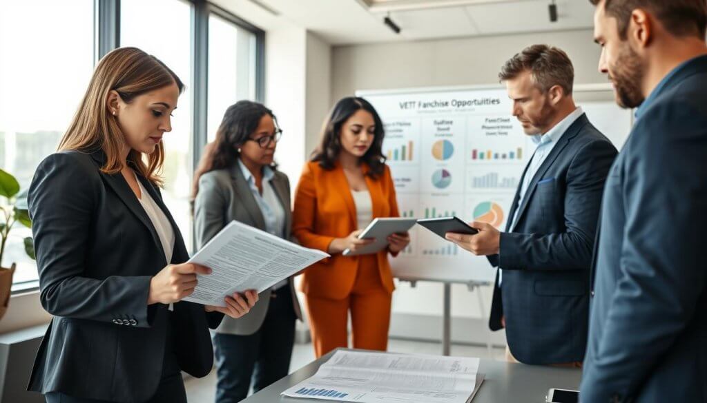 In a bright, modern office setting, a diverse group of professionals is engaged in a serious discussion about vetting franchise opportunities. In the foreground, a woman in a tailored business suit is examining a Franchise Disclosure Document (FDD) while taking notes on a laptop. Beside her, a man in business casual attire scans through a tablet, analyzing potential franchise options. In the middle ground, a large whiteboard displays key metrics and charts related to franchise viability, creating an atmosphere of collaboration and analysis. The background features large windows with natural light streaming in, giving a sense of transparency and optimism. The overall mood is focused and professional, emphasizing the importance of careful evaluation in franchise decisions.