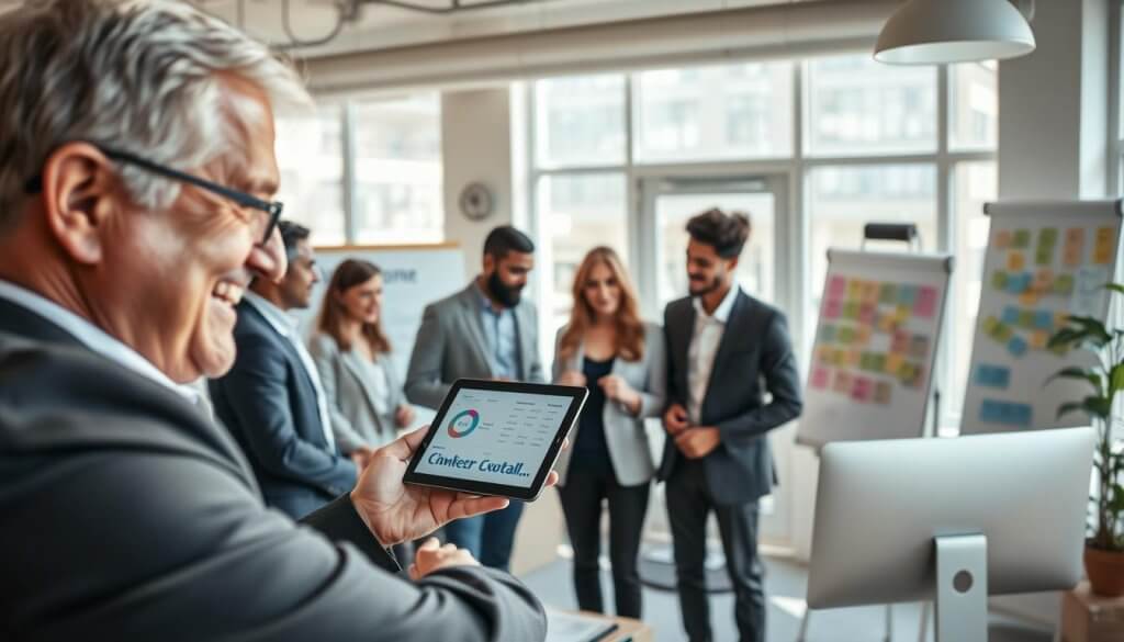 A bustling franchise office scene showcasing an owner-operator at work, positioned in the foreground. The owner, a middle-aged person with a friendly demeanor, is dressed in smart business attire, engaged in a strategy meeting with a small team of diverse, professional-looking individuals, all focused on a digital tablet displaying business metrics. In the middle ground, a well-organized office with charts, a whiteboard filled with sticky notes, and a welcoming entryway, hints at professionalism and teamwork. Natural light streams through large windows, creating a warm and inviting atmosphere. In the background, subtle hints of the franchise brand's colors infuse a sense of identity, without explicit logos. The composition should be framed from a slightly elevated angle, capturing the dynamic interaction and collaboration within the franchise environment.