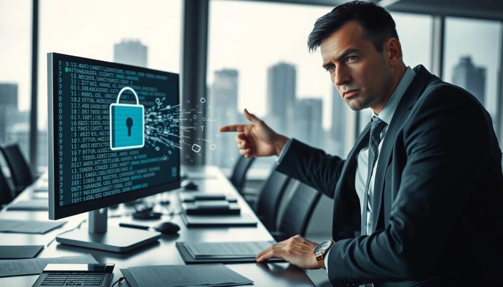A digital representation of "data leakage" in a business environment. In the foreground, a professional individual in business attire looks concerned while pointing at a computer screen displaying cascading lines of code and data symbols escaping from a secure folder. In the middle, a conference table is cluttered with paperwork, laptops, and security equipment, symbolizing compliance efforts. The background features blurred silhouettes of office buildings through a window, hinting at a corporate atmosphere. Soft, dramatic lighting casts shadows to enhance the sense of urgency and risk, while a slightly low-angle perspective adds a feeling of importance to the scene. The overall mood is tense and focused, evoking the seriousness of data security threats.