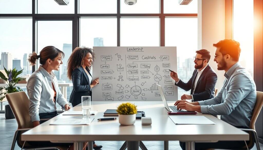 A dynamic and inspiring workspace scene depicting essential skills for success in business. In the foreground, a diverse group of three professionals, a woman and two men, engage in a collaborative discussion around a modern conference table, all dressed in smart business attire. The middle ground features a large whiteboard filled with diagrams and notes, showcasing concepts like leadership, communication, and strategic thinking. In the background, through large windows, a city skyline glimmers under bright daylight, symbolizing opportunity and expansion. The lighting is bright and vibrant, creating an atmosphere of motivation and innovation. The image captures a sense of teamwork and ambition, emphasizing the skills vital for thriving in a competitive business environment.