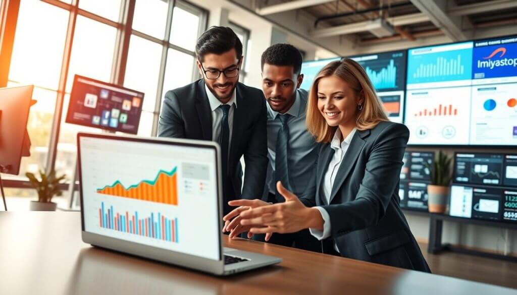 A dynamic digital workspace scene showcasing professionals collaborating on lead generation strategies. In the foreground, a diverse group of three individuals—two in smart business attire and one in casual professional clothing—are gathered around a sleek laptop displaying colorful graphs and digital marketing projections. The middle layer features a modern office environment filled with digital screens showcasing various online platforms like social media, email campaigns, and analytical dashboards. In the background, large windows let in natural light, creating a bright and energetic atmosphere. The overall mood is focused and innovative, capturing the essence of leveraging digital channels to attract franchise applications. The camera angle is slightly elevated, providing an engaging perspective of collaboration and technology in action.
