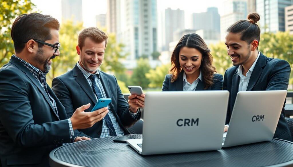A dynamic scene showcasing a professional franchise team in an outdoor setting, engaged in discussions while using mobile devices. In the foreground, a diverse group of three individuals—two men and one woman—dressed in smart business attire, intently reviewing a CRM app on their smartphones, displaying enthusiasm and collaboration. In the middle ground, their laptops are open on a café table, with franchise branding subtly visible on the devices. The background features a cityscape, with tall buildings and vibrant greenery, indicating a bustling urban environment. The scene is illuminated by soft, natural sunlight, creating a warm and inviting atmosphere. The composition should be captured from a slightly elevated angle, emphasizing the teamwork and the modern mobile accessibility of CRM tools.