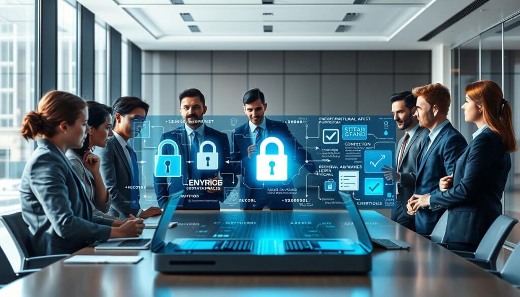 A dynamic workspace depicting the concept of "data privacy and compliance" in an AI-driven environment. In the foreground, a diverse team of professional business people, dressed in business attire, are engaged in a thoughtful discussion around a conference table, surrounded by digital devices displaying encrypted data visuals. In the middle, a large digital screen presents abstract representations of data security, such as locked data files and compliance checklists, illuminated with a blue-green glow. The background features a sleek, modern office with large windows letting in natural light, casting soft shadows. The atmosphere is focused and collaborative, conveying both professionalism and the urgency of navigating AI implementation challenges while ensuring data privacy. Soft focus on the edges enhances the central subject, emphasizing the importance of compliance in the digital age. A dynamic workspace depicting the concept of "data privacy and compliance" in an AI-driven environment. In the foreground, a diverse team of professional business people, dressed in business attire, are engaged in a thoughtful discussion around a conference table, surrounded by digital devices displaying encrypted data visuals. In the middle, a large digital screen presents abstract representations of data security, such as locked data files and compliance checklists, illuminated with a blue-green glow. The background features a sleek, modern office with large windows letting in natural light, casting soft shadows. The atmosphere is focused and collaborative, conveying both professionalism and the urgency of navigating AI implementation challenges while ensuring data privacy. Soft focus on the edges enhances the central subject, emphasizing the importance of compliance in the digital age.