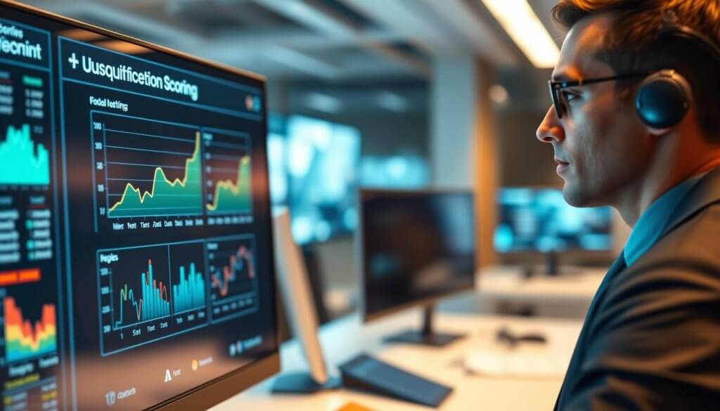A futuristic digital interface representing lead qualification scoring, prominently featuring a sleek, modern computer screen displaying graphs and metrics. In the foreground, a business professional in smart attire intently analyzes the data, with a focused expression, highlighting their engagement with technology. The middle ground showcases a blurred office setting with additional digital displays in the background, emphasizing a high-tech environment. Soft, ambient lighting creates a warm yet professional atmosphere, while an overhead angle captures the action from above, enhancing the sense of importance and clarity of the scoring process. The mood is one of concentration and determination, with a clean, organized workspace that underscores the theme of leveraging technology for smarter decision-making.