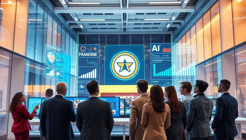 A futuristic office environment showcasing a vibrant and engaging interpretation of a franchise brand. In the foreground, a group of diverse professionals in smart business attire analyze digital screens displaying franchise data and brand elements. The middle ground features a large holographic display of the brand logo, along with charts and graphs illustrating compliance metrics and AI insights. The background contains modern, sleek architecture with glass walls, allowing natural light to flood the space, creating a dynamic and energetic atmosphere. Soft lighting accentuates the professionalism of the space, with cool tones of blue and green enhancing the technological vibe. The overall mood is one of innovation and collaboration, emphasizing the role of AI in transforming brand interpretation across franchise locations.