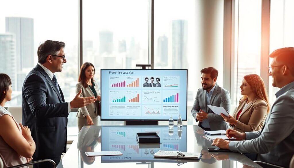 A modern franchise sales presentation scene featuring a diverse group of professionals in business attire, gathered around a sleek conference table. In the foreground, a confident presenter gestures towards an engaging digital display on a large screen showcasing vibrant graphs and franchise success stories. In the middle ground, attentive audience members, including a mix of men and women, take notes and exchange intrigued glances, conveying interest and involvement. The background shows a well-lit, contemporary office space with large windows revealing a city skyline, enhancing the atmosphere of opportunity and professionalism. The lighting is bright, with natural light flooding the room, and the perspective is slightly tilted from the side, creating a dynamic sense of engagement. Overall, the mood is optimistic and productive, reflecting the promise of franchise growth. A modern franchise sales presentation scene featuring a diverse group of professionals in business attire, gathered around a sleek conference table. In the foreground, a confident presenter gestures towards an engaging digital display on a large screen showcasing vibrant graphs and franchise success stories. In the middle ground, attentive audience members, including a mix of men and women, take notes and exchange intrigued glances, conveying interest and involvement. The background shows a well-lit, contemporary office space with large windows revealing a city skyline, enhancing the atmosphere of opportunity and professionalism. The lighting is bright, with natural light flooding the room, and the perspective is slightly tilted from the side, creating a dynamic sense of engagement. Overall, the mood is optimistic and productive, reflecting the promise of franchise growth.