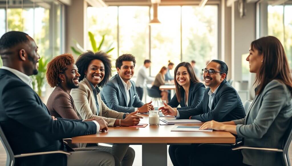 A modern, inviting office space filled with diverse franchisees sharing their success stories in a relaxed yet professional setting. In the foreground, a group of three franchisees, one Black, one Asian, and one Latina, are sitting together at a conference table, all dressed in professional business attire. They are leaning forward, animatedly discussing their positive experiences with the franchise. In the middle ground, light pours in through large windows, illuminating the vibrant greenery outside, creating a fresh and uplifting atmosphere. The background features an open floor plan with engaged team members collaborating on projects, conveying a sense of community and teamwork. The lighting is warm, with a focus on natural sunlight, creating an inviting and motivational mood. The image should evoke feelings of trust, transparency, and success.