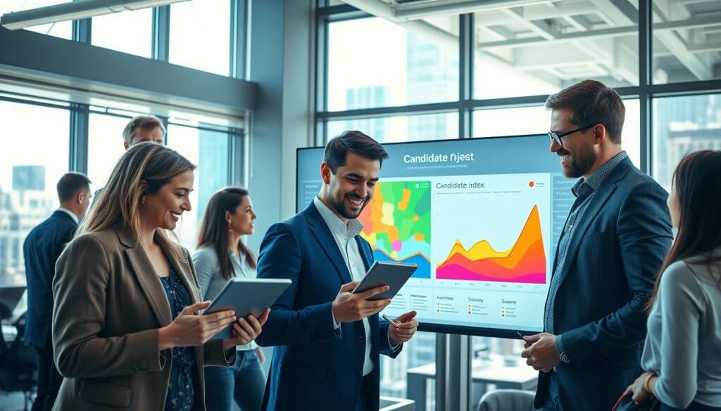 A modern office environment bustling with activity, featuring a diverse group of professionals in business attire engaged in discussions around a digital dashboard displaying a colorful heat index map on a large screen. In the foreground, two individuals analyze candidate data on tablets while smiling and taking notes, showcasing collaboration and innovation. In the middle background, a large window reveals a bright cityscape, with sunlight streaming in, illuminating the workspace and creating a dynamic atmosphere. The lighting is bright and inviting, with a focus on the screen's vivid colors that highlight the candidate scoring system. This scene conveys a sense of urgency, professionalism, and technological advancement in lead management.