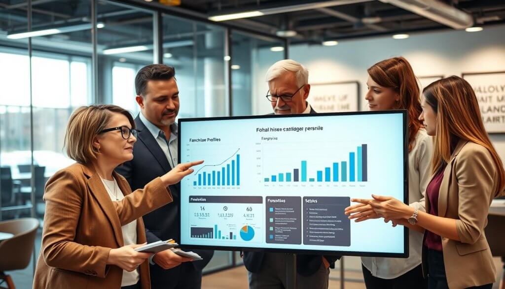 A modern office environment featuring a diverse team of four professionals in smart casual attire, engaged in focused discussion over a large digital screen displaying dynamic graphs and demographic data related to franchisee profiles. In the foreground, a middle-aged woman with glasses points at the screen, indicating key insights. Beside her, a young man takes notes, while a middle-aged man and a young woman exchange ideas. The background showcases a contemporary office with glass walls, bright ambient lighting, and motivational quotes framed on the walls. The overall mood is collaborative and innovative, emphasizing the importance of research and analysis in building the ideal franchise candidate persona. The composition captures a sense of teamwork and determination.