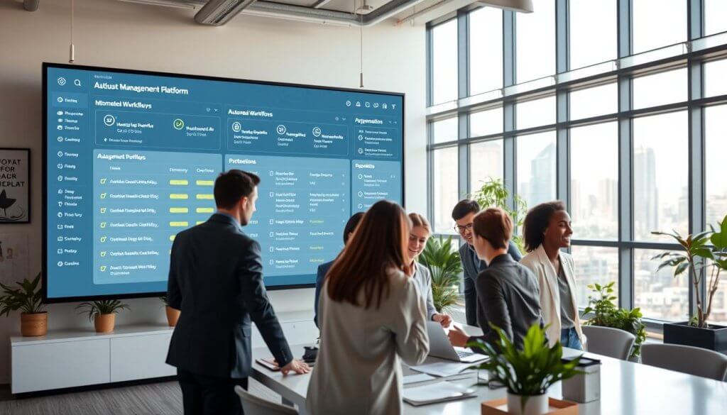 A modern office environment featuring a sleek, digital management platform interface displaying automated workflows and checklists on a large screen. In the foreground, a diverse group of professionals in business attire collaborate over a table, analyzing data and discussing strategies. The middle ground showcases a clean, organized workspace with plants and motivational posters. In the background, a large window reveals a bright cityscape, allowing natural light to flood the room, highlighting the sleek technology in use. The atmosphere conveys focus and productivity, underscored by soft ambient lighting and a slight blur on the cityscape to emphasize the foreground activity.