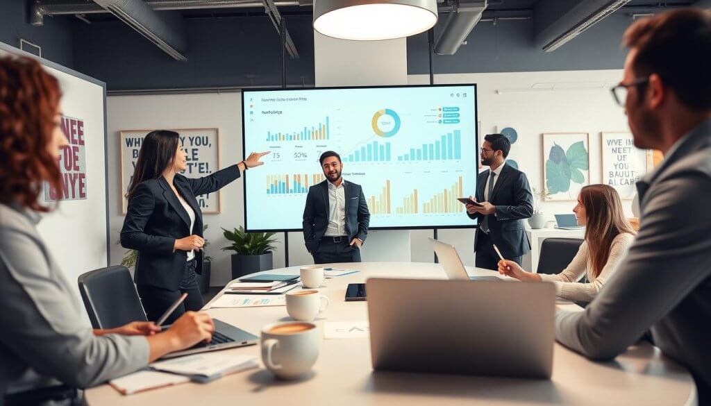 A modern office environment showcasing a diverse group of professionals engaged in collaborative discussions around a large digital screen displaying analytics and data graphs. In the foreground, a woman in business attire points at key data points, while a man beside her takes notes on a tablet. The middle ground features a round conference table with laptops, charts, and coffee cups scattered around. In the background, a bright, airy office with large windows lets in natural light, with motivational art on the walls. The atmosphere is focused yet energetic, conveying teamwork and innovation. Capture this scene using a soft-focus lens to highlight the professionals while maintaining a clear view of the data on the screen. A modern office environment showcasing a diverse group of professionals engaged in collaborative discussions around a large digital screen displaying analytics and data graphs. In the foreground, a woman in business attire points at key data points, while a man beside her takes notes on a tablet. The middle ground features a round conference table with laptops, charts, and coffee cups scattered around. In the background, a bright, airy office with large windows lets in natural light, with motivational art on the walls. The atmosphere is focused yet energetic, conveying teamwork and innovation. Capture this scene using a soft-focus lens to highlight the professionals while maintaining a clear view of the data on the screen.