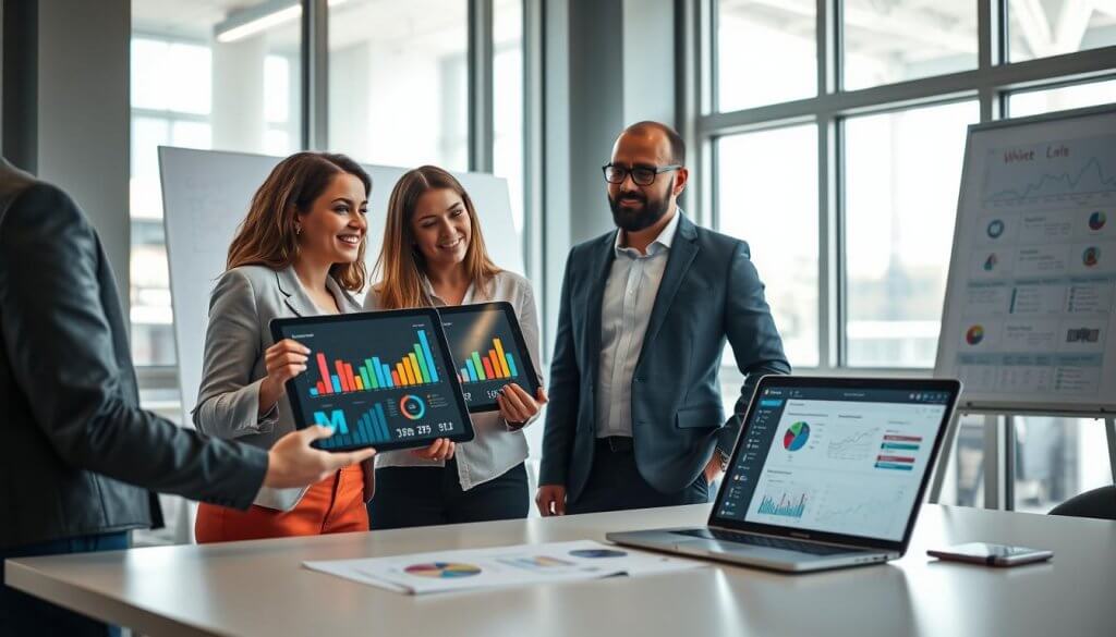 A modern office environment showcasing a franchise CRM system for lead management. In the foreground, a diverse group of professional individuals—two women and a man—discussing over a large digital tablet displaying colorful graphs and data visualizations. The middle layer features a sleek desk with a laptop open, displaying a CRM dashboard, and charts that represent lead tracking metrics. In the background, a whiteboard filled with strategic plans and notes can be seen, alongside large windows letting in bright, natural light that enhances the positive atmosphere. The scene should convey a sense of teamwork, professionalism, and innovation. Capture the image from a slightly elevated angle, focusing on the interaction and collaborative spirit.