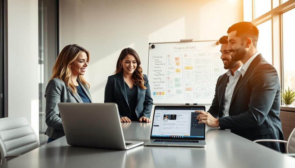 A modern office environment showcasing a franchise management scenario. In the foreground, a diverse group of three professionals in business attire—two women and one man—collaborate around a sleek, rectangular conference table with a laptop open, displaying an onboarding software interface. In the middle ground, a large whiteboard is filled with colorful notes and diagrams illustrating franchise workflows and training processes. The background features tall windows allowing natural light to flood the room, casting soft shadows. The atmosphere is focused and productive, with a hint of optimism for new business opportunities. Use bright, warm lighting to create an inviting mood, shot with a wide-angle lens to capture the full scope of the dynamic workspace.