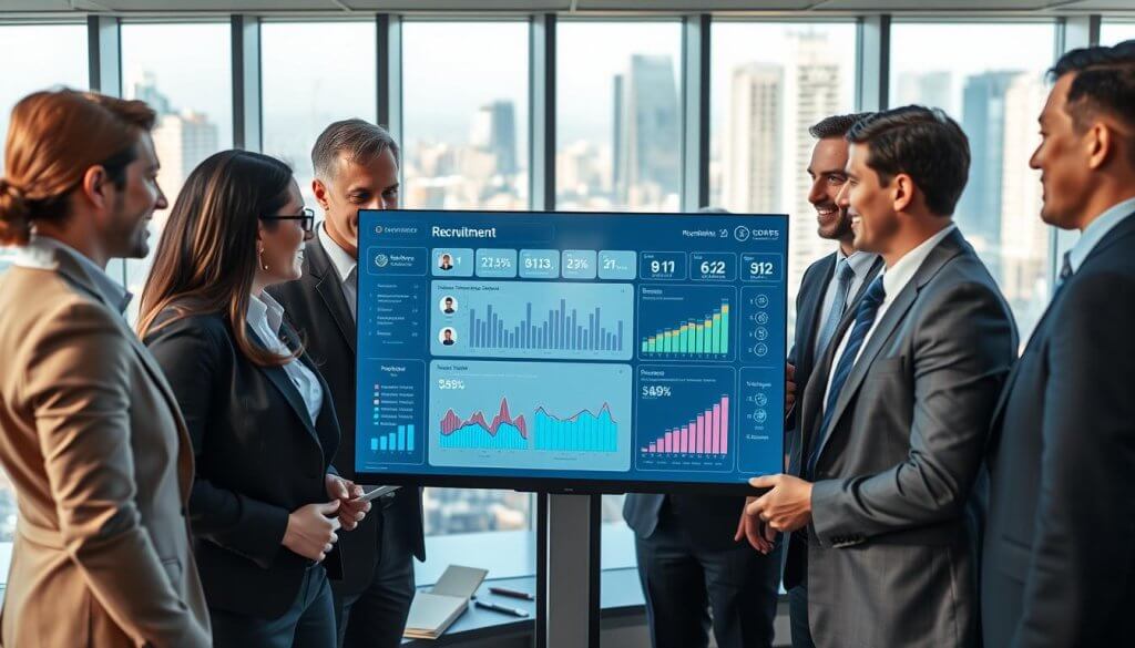 A modern office environment showcasing a high-tech recruitment tracking system. In the foreground, a diverse group of professional individuals, dressed in smart business attire, are engaging with a large digital screen displaying various recruitment metrics, charts, and candidate profiles. In the middle, an interactive dashboard with sleek interfaces and glowing graphs illustrates real-time tracking of recruitment efforts. The background features large windows with a view of a bustling cityscape, allowing natural light to flood the room, enhancing the atmosphere of innovation and productivity. Soft, natural lighting highlights the faces of the individuals, creating an optimistic and collaborative mood, with a focus on leveraging technology for effective recruitment strategies.