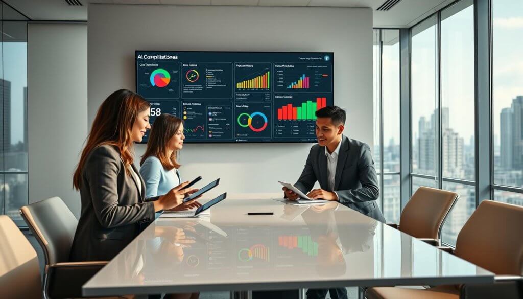 A modern office environment showcasing a robust compliance infrastructure for AI franchise operations. In the foreground, a diverse group of three professionals in business attire—two women and one man—are gathered around a sleek conference table, reviewing compliance documents on digital tablets. The middle layer features a large, interactive compliance dashboard displaying SOPs, regulations, and analytics on a wall-mounted screen, highlighting key metrics in bright colors. In the background, large windows let in natural light, illuminating a city skyline which signifies multiple operational locations. The atmosphere is energetic yet focused, emphasizing collaboration and diligence in ensuring compliance. Use a wide-angle lens to capture the entire scene, ensuring clarity and detail in both the professionals and the technology around them.