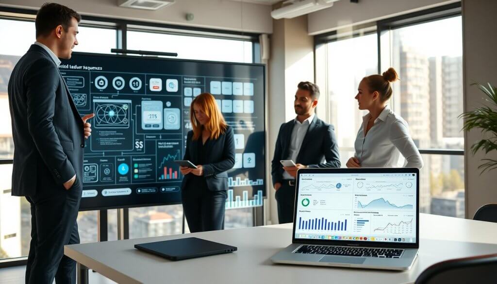 A modern office environment showcasing a sleek workspace dedicated to automating lead nurture sequences. In the foreground, a diverse group of three professionals dressed in smart casual attire collaborate around a large touchscreen display filled with intricate flowcharts and digital marketing analytics. The middle layer features a minimalist desk with a laptop open, displaying customer relationship management software and a series of graphs highlighting lead engagement metrics. In the background, large windows let in soft natural light, casting gentle shadows that add warmth to the scene. The atmosphere is focused yet dynamic, representing the efficiency and innovative spirit of the franchise lead management process. The angle is slightly elevated to provide a comprehensive view of the workspace, emphasizing collaboration and technology.