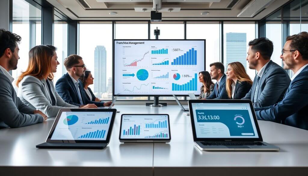 A modern office environment with a large conference table in the foreground, where a diverse group of professionals dressed in business attire are engaged in a strategic meeting about franchise management. They are analyzing detailed graphs and charts displayed on a sleek presentation screen. In the middle ground, a digital tablet and a laptop are open, showcasing software with metrics indicating ROI and scalability. The background features large windows with a city skyline view, allowing natural light to fill the room, creating a bright and energetic atmosphere. The mood is collaborative and focused, emphasizing the importance of evaluating long-term growth strategies in franchise businesses. The angle is slightly elevated, capturing the entire scene with clarity and sharpness.