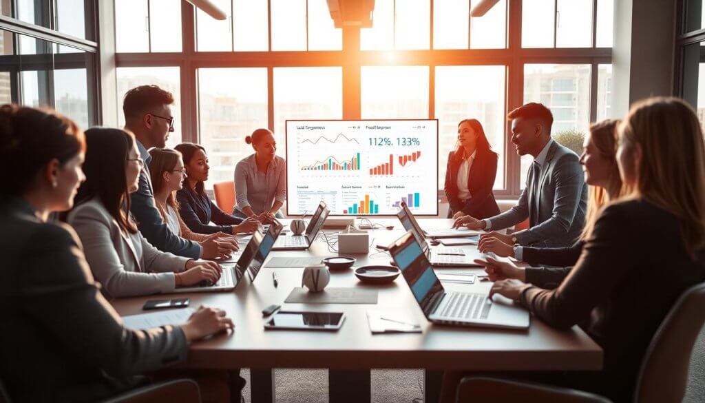 A modern office setting illustrating data-driven qualification strategies in franchise lead nurturing. In the foreground, a diverse group of professionals, dressed in smart business attire, engage in a collaborative discussion around a large table filled with laptops, charts, and data analytics displays. In the middle ground, a digital screen showcases colorful graphs and figures related to lead engagement metrics and qualification processes. The background features large windows with natural light flooding in, giving the scene a bright and optimistic atmosphere. The overall mood is one of focus and teamwork, with soft, warm lighting enhancing the professional yet inviting environment. The camera angle is slightly elevated, offering a comprehensive view of the team's dynamic interaction and the data-driven tools they are utilizing.