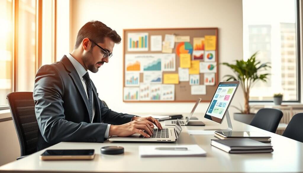 A modern office setting serving as the backdrop, with a sleek desk cluttered with digital devices like a laptop and smartphone showing vibrant email templates on screen. In the foreground, a well-dressed business professional (in formal attire) is actively typing on the laptop, showcasing a focused expression as they engage with email marketing strategies. Warm, natural lighting filters through large windows, creating a bright and inviting atmosphere. In the middle ground, a bulletin board displays colorful graphs and charts related to email engagement metrics, enhancing the theme of data-driven marketing. The composition highlights professionalism and enthusiasm, emphasizing the importance of email marketing in nurturing franchise leads while maintaining a clean, organized look.