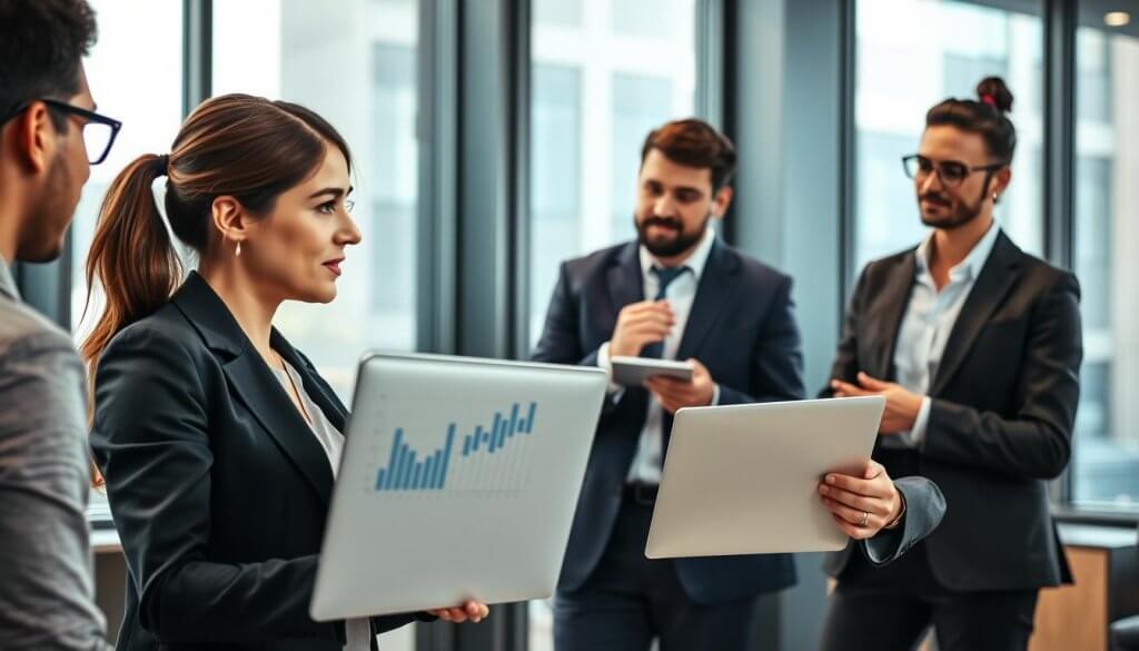 A modern office setting showcasing a focused business meeting, where a diverse group of professionals is engaged in a discussion. In the foreground, a confident woman in smart business attire is presenting an idea, using a sleek laptop with clear graphs displayed on the screen. The middle ground features two attentive colleagues, one male and one female, who are nodding and taking notes, indicating serious interest. The background shows large windows with soft, natural light streaming in, enhancing the atmosphere of collaboration and urgency. The scene conveys a sense of professionalism and crucial decision-making during a pivotal moment, captured from a slightly elevated angle to provide perspective on the engaging dynamics. The overall mood should feel dynamic yet focused, emphasizing the importance of timely communication in business.