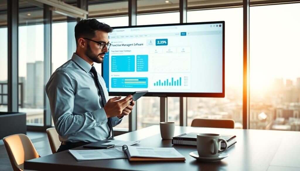 A modern office setting showcasing a sophisticated franchise management software interface on a large computer screen. Foreground features a confident business professional in formal attire, diligently analyzing data on a tablet, embodying focus and expertise. The middle ground includes a sleek desk with business documents, a coffee mug, and a notebook, enhancing the sense of productivity. In the background, large windows let in natural light, casting soft shadows and revealing a city skyline, emphasizing a thriving business environment. The overall atmosphere conveys clarity and professionalism, with a clean color palette of blues and grays, and warm lighting creating an inviting yet serious mood. A camera angle from slightly above, capturing both the screen and the professional, suggests an engaging, collaborative workspace.