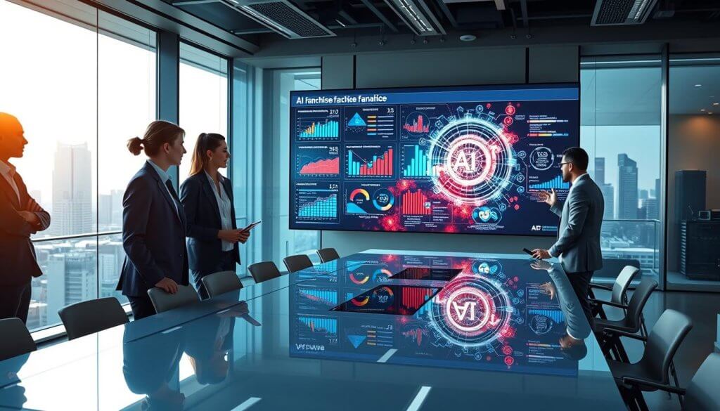 A modern office setting showcasing the integration of AI in franchise management. In the foreground, a diverse group of professionals, including a woman in a smart blouse and men in tailored suits, are engaged in a collaborative discussion around a sleek, high-tech conference table, with digital screens displaying data analytics and franchise metrics. In the middle ground, a large screen illustrates AI algorithms analyzing franchise performance, with graphs and visual data swirling around in futuristic colors. The background features a panoramic view of a city skyline through large glass windows, illuminated by soft, natural light, creating an inspiring and innovative atmosphere. The overall mood is dynamic and professional, emphasizing the role of technology in enhancing franchise management efficiency.