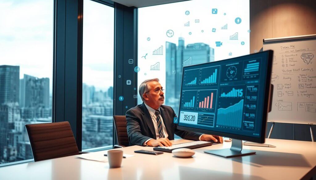 A modern office setting with a focus on a data analyst sitting at a sleek desk, attentively examining charts and graphs on a large computer screen. The analyst, a middle-aged man in professional business attire, is surrounded by digital representations of data flowing through the air, symbolizing conversion rates and marketing metrics. In the background, a large window reveals a panoramic city view, suggesting a vibrant business environment. Soft, ambient lighting illuminates the space, creating an atmosphere of concentration and innovation. A whiteboard filled with strategic notes and ideas is visible, enhancing the focus on managing data to drive franchise applications. The angle is slightly from above, giving a comprehensive view of the work environment without distractions.