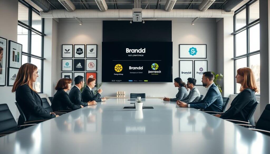 A modern office space representing brand consistency, showcasing a large conference table in the foreground surrounded by professionals in business attire discussing branding strategies. In the middle, a large screen displays cohesive logos and color palettes of a successful franchise. Office decor in the background includes framed brand collateral and cohesive signage, promoting an atmosphere of collaboration and professionalism. Soft, natural lighting filters through large windows, illuminating the scene. The angle focuses on the interaction at the table, with a wide lens perspective creating a sense of openness and teamwork. The mood is one of ambition and determination, resonating with the importance of establishing a strong brand foundation in franchise development.