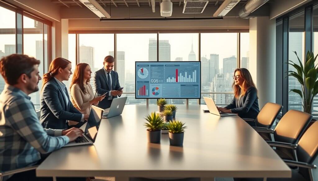 A modern office space showcasing a dynamic lead generation environment for franchises. In the foreground, a diverse group of three professionals in business attire collaborate around a sleek conference table, examining data on laptops and tablets. A large interactive touchscreen display features engaging graphs and charts illustrating lead metrics. In the middle, strategically placed potted plants and contemporary decor contribute to a productive atmosphere. The background reveals large windows with city skyline views, allowing natural light to flood the room, casting soft shadows. The overall mood is optimistic and focused, illustrating the potential of leveraging technology for effective lead management in the franchise industry. Soft, warm lighting enhances the professionalism of the scene, while a wide-angle perspective captures the collaborative energy of the space.